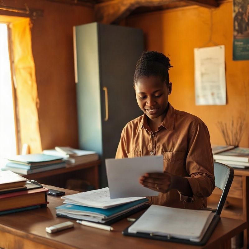 Family team member reviewing order paperwork at a wooden desk inside the Pixelpbeta workspace